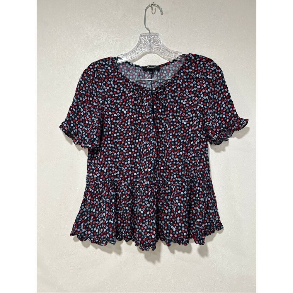 Madewell Women’s Small Black Red Floral Peplum Short Sleeve Ruffle Hem Blouse